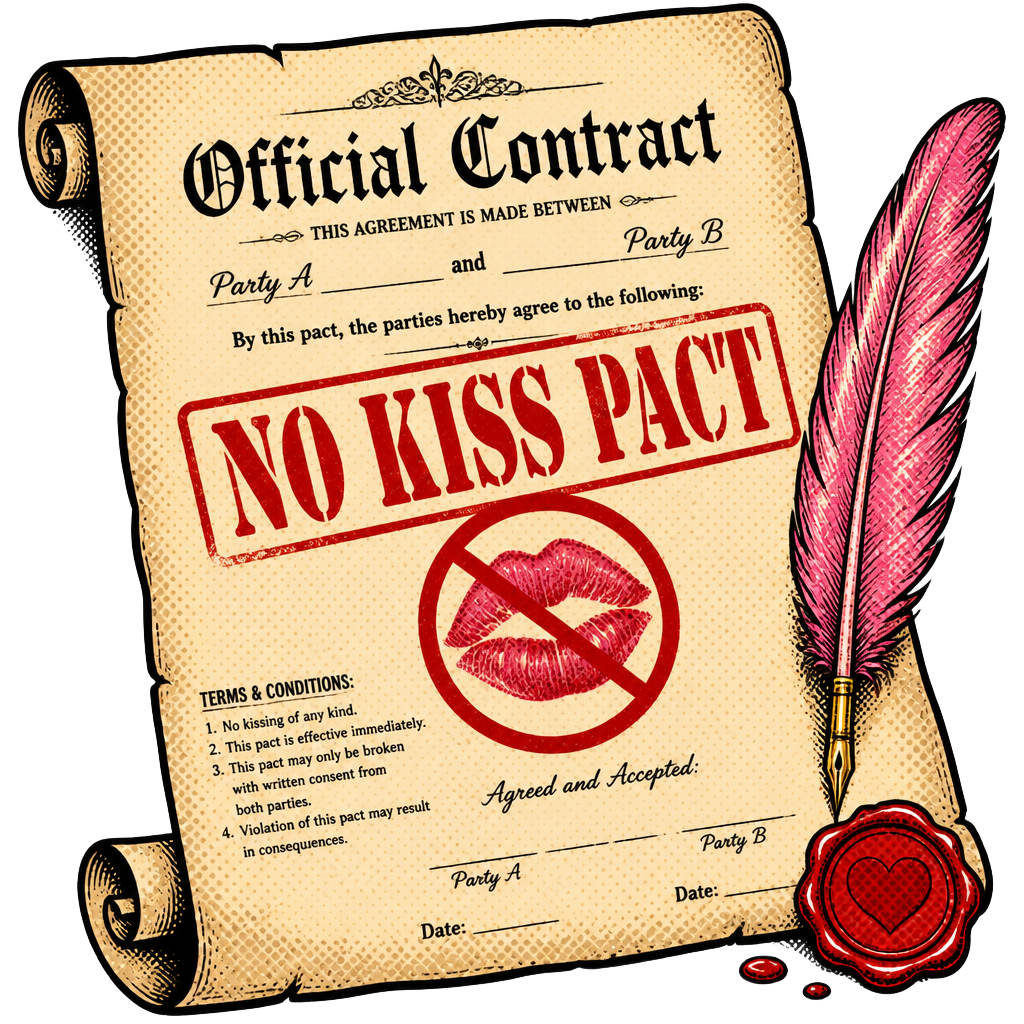 Cartoon contract stamped with the words No Kiss Pact